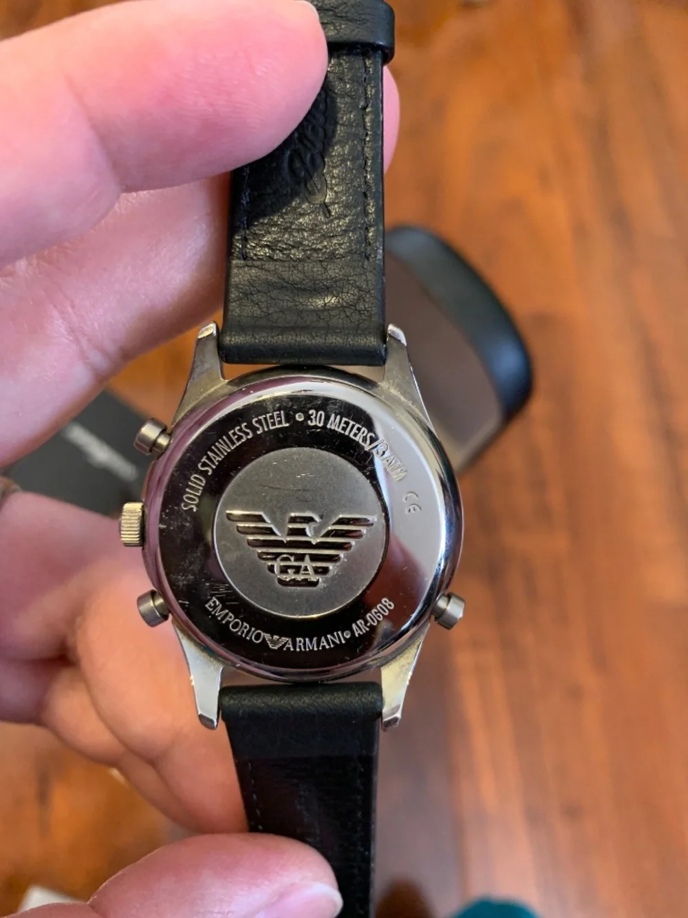 Emporio Armani Wrist Watch with Vibrating Alarm, Black Leather Strap, Certified